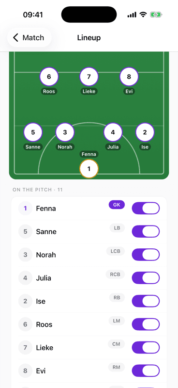 A match line-up, with the substitution plan underneath it.