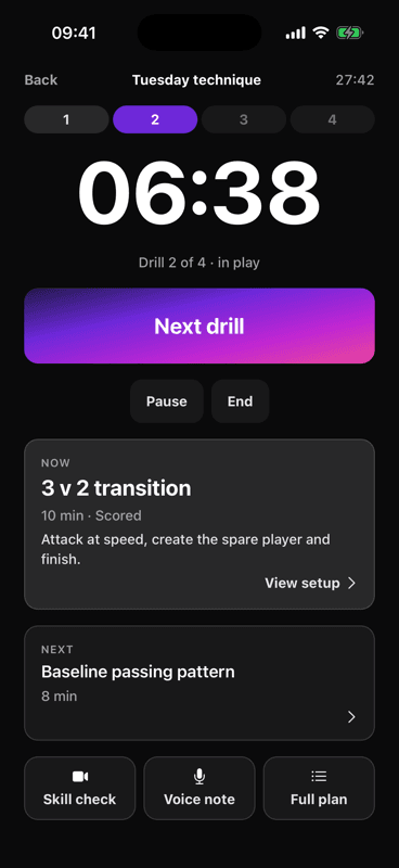 Live Training. See which drill is next. Keep time and add a note when you need to.